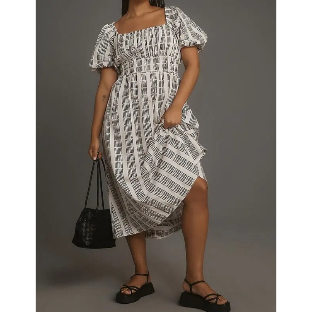 Maeve White & Black Puff-Sleeve Smocked Midi Dress